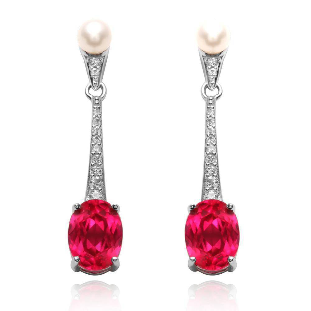 Ruby Red CZ & Pearl Sterling Silver Earrings