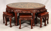 Chinese Carved Oak and Mahogany Coffee Table with Nested Stools