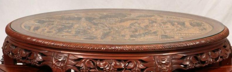 Chinese Carved Oak and Mahogany Coffee Table with Nested Stools