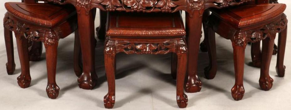 Chinese Carved Oak and Mahogany Coffee Table with Nested Stools