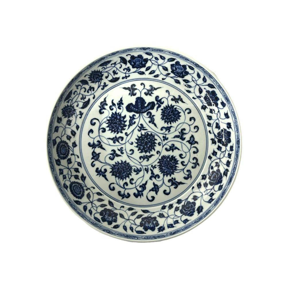 Large Blue and White Reishi Style Plates - Lotus Flower Rolls and Xuande Mark