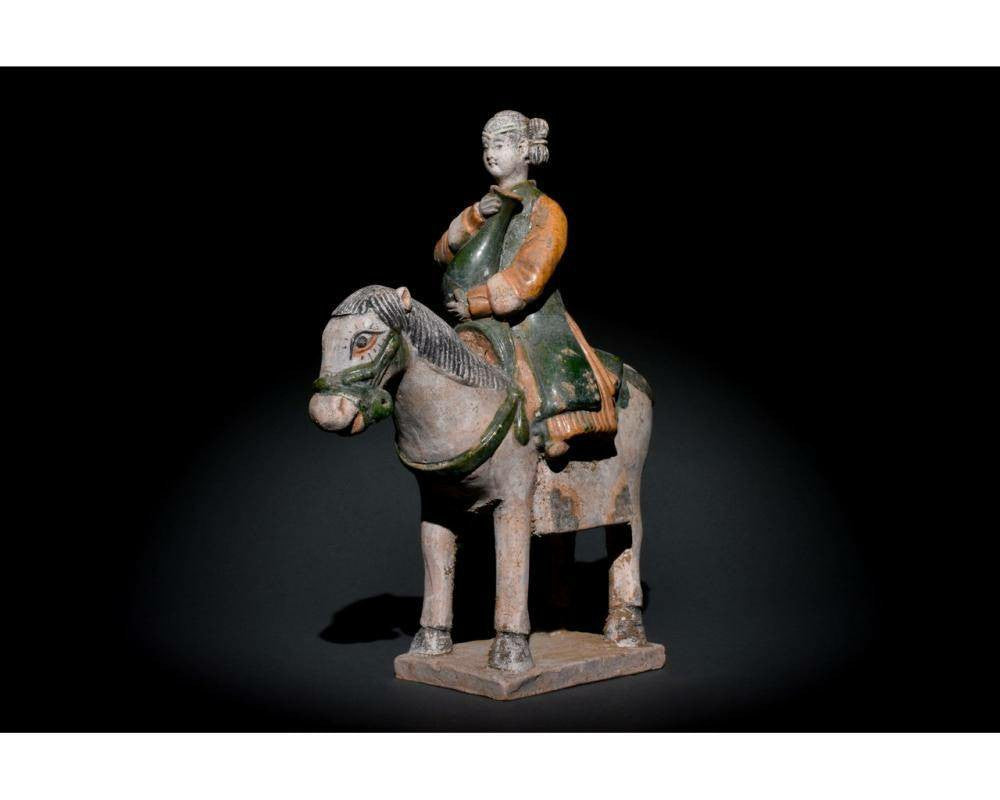 Genuine Ming Dynasty Terracotta Horse and Rider Figurine - H14.57", 1368-1644 AD