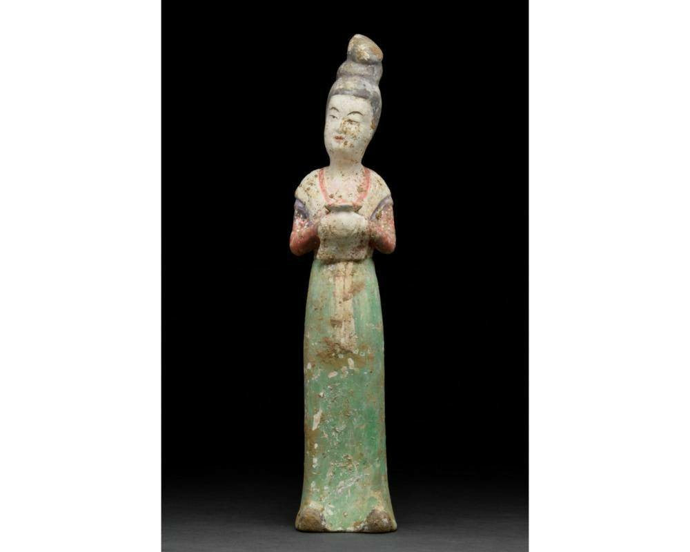 Authentic Tang Dynasty Pottery Figurine - Palace Woman, H13.78", Rare Relic