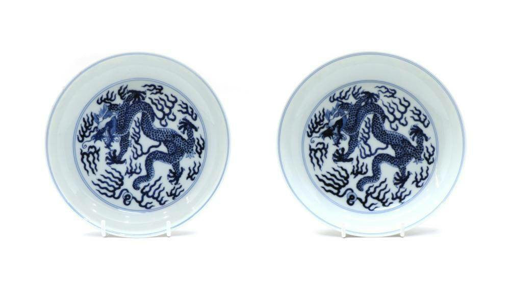 Pair of Chinese Blue and White Plates with Dragon Motif