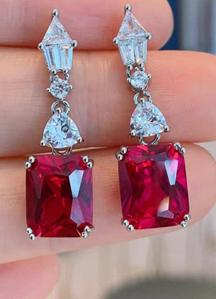 Exquisite Ruby Stud Earrings with Diamond Accents - Elegant Dangle Design