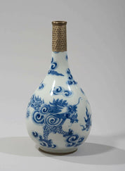 18th/19th Century Vietnamese Blue Underglaze Porcelain Bottle Vase with Scholars and Peach Tree Motif