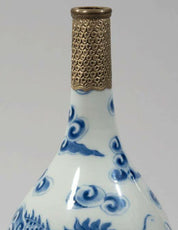 18th/19th Century Vietnamese Blue Underglaze Porcelain Bottle Vase with Scholars and Peach Tree Motif