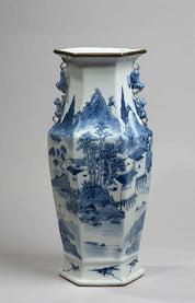 Large Hexagonal-Necked Trumpet Vase with Chimera Handle in Blue Decorated Porcelain