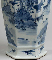 Large Hexagonal-Necked Trumpet Vase with Chimera Handle in Blue Decorated Porcelain