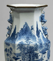 Large Hexagonal-Necked Trumpet Vase with Chimera Handle in Blue Decorated Porcelain