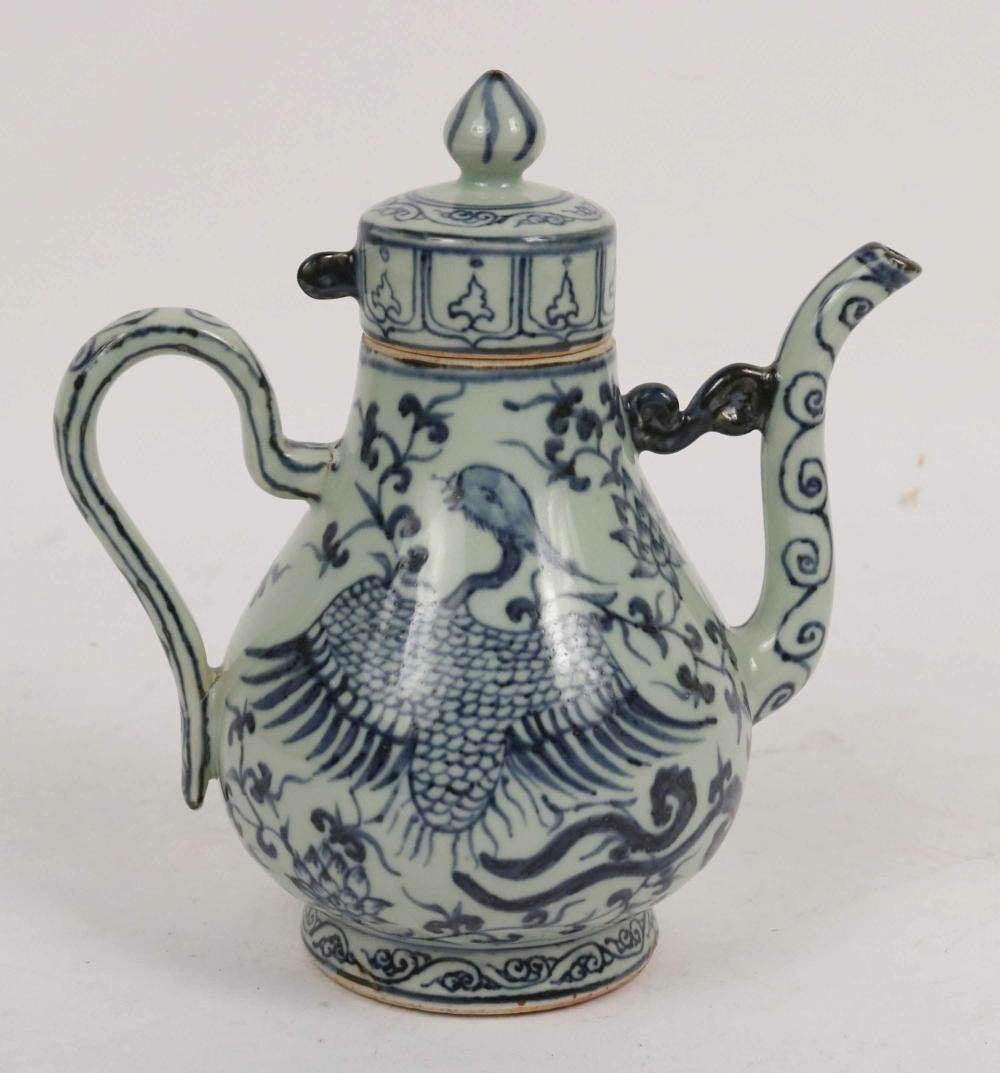 White and Blue Porcelain Teapot - Peacock and Flowers Design