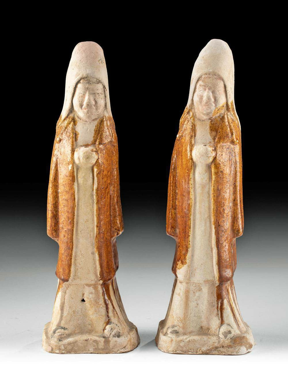 Pair of Tang Dynasty Tricolor-Glazed Pottery Tomb Attendants