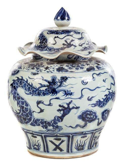 Pair of Large Chinese Ming Style Blue and White Dragon Jars with Scalloped Lids