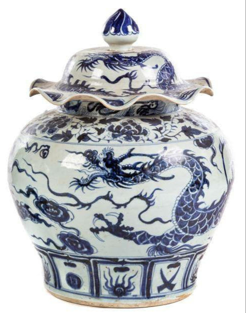 Pair of Large Chinese Ming Style Blue and White Dragon Jars with Scalloped Lids