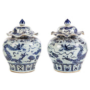 Pair of Large Chinese Ming Style Blue and White Dragon Jars with Scalloped Lids