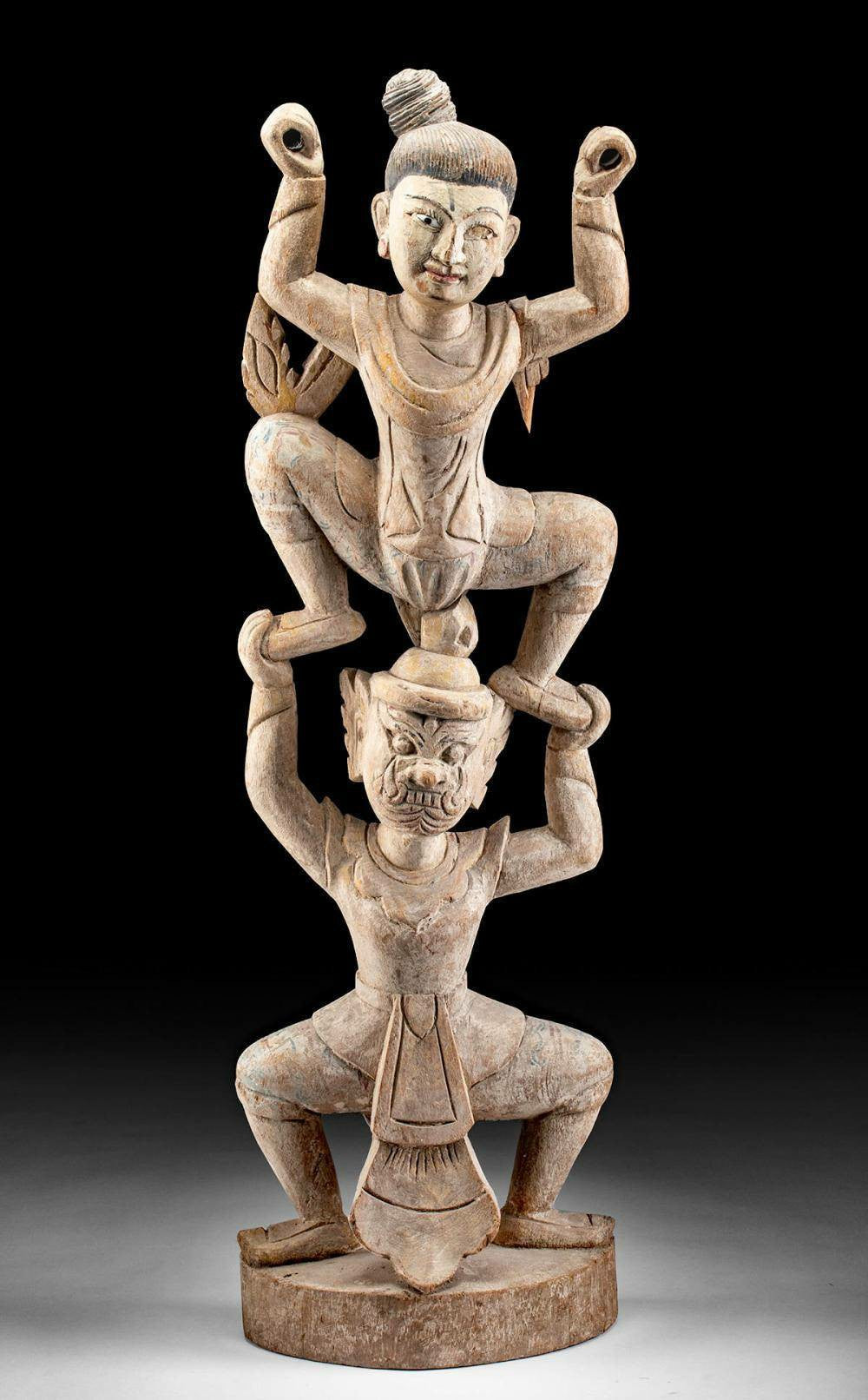 Large Hand-Carved Wooden Statue of Two Dancing Figures - Thailand, Early 1900s