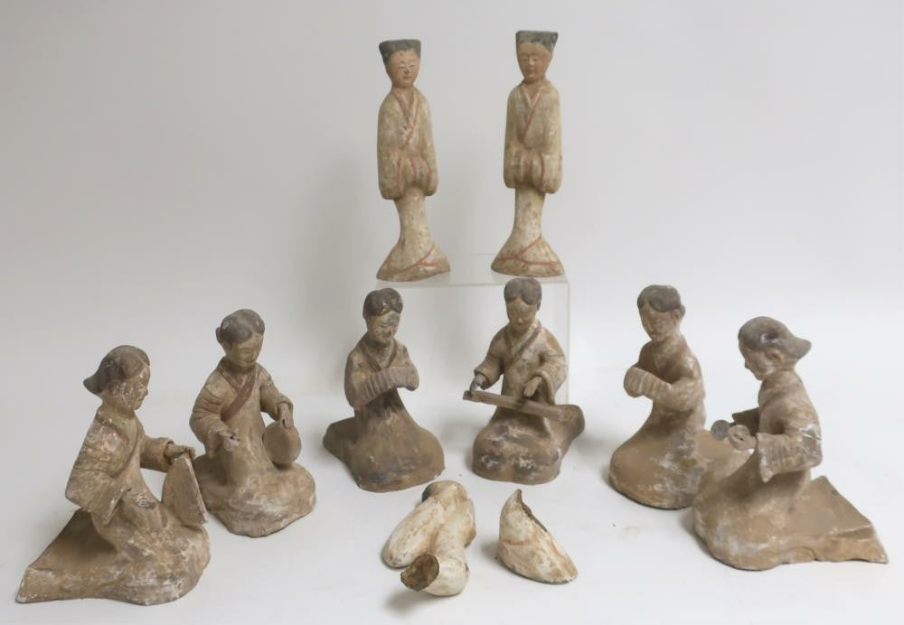 Set of Han Dynasty Style Clay Statues - Six Kneeling Ladies, Three Standing