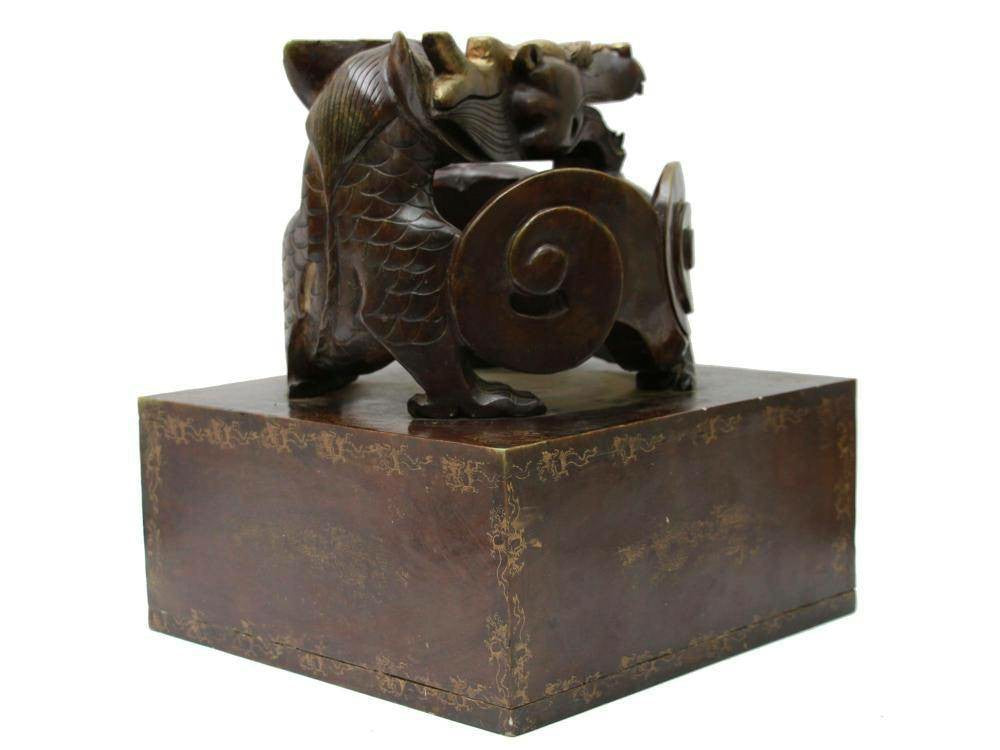 Ancient Chinese Wood Carving on Gilded Patina Stand - Dragon Patterns