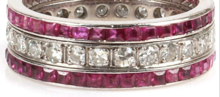 Antique 14K White Gold Diamond and Ruby Triple Row Ring