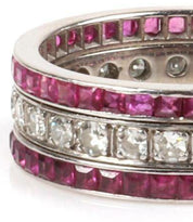 Antique 14K White Gold Diamond and Ruby Triple Row Ring