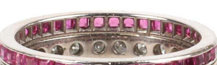 Antique 14K White Gold Diamond and Ruby Triple Row Ring