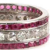 Antique 14K White Gold Diamond and Ruby Triple Row Ring