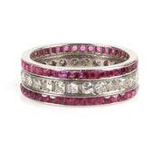 Antique 14K White Gold Diamond and Ruby Triple Row Ring