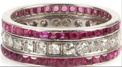 Antique 14K White Gold Diamond and Ruby Triple Row Ring