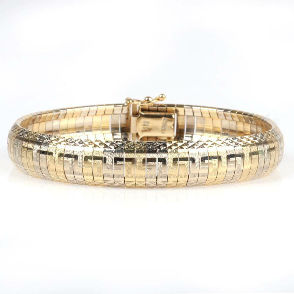 Italian 14K Two-Tone Gold Omega Bracelet with Greek Key Design