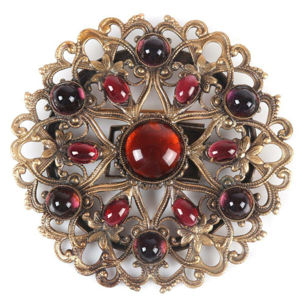 Joseff Brass Cutout Shield Brooch - 3 1/2"H, Ruby Red, Amethyst Glass - Vintage