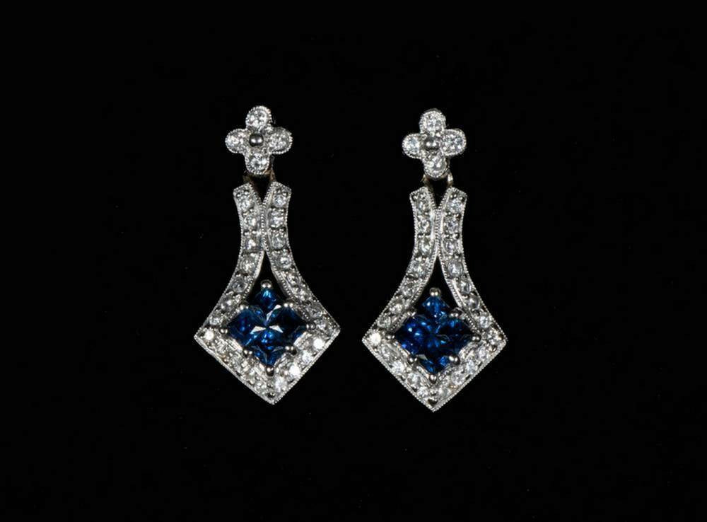 14K White Gold Hanging Earrings with Sapphires and Diamonds