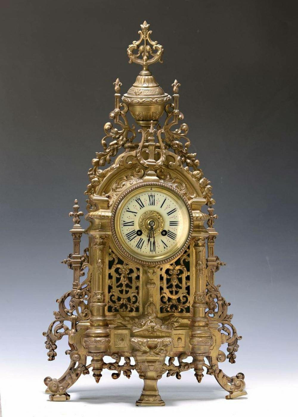 Antique French Pendulum Clock - Decorated Brass, Glass Cover - Circa 1900