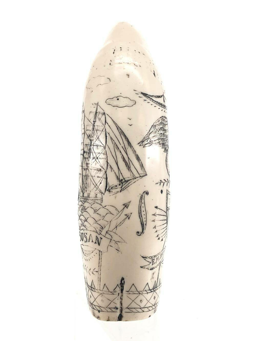 Resin Whales Tooth, Ship Susan Voyager Trade Ship Reproduction Scrimshaw