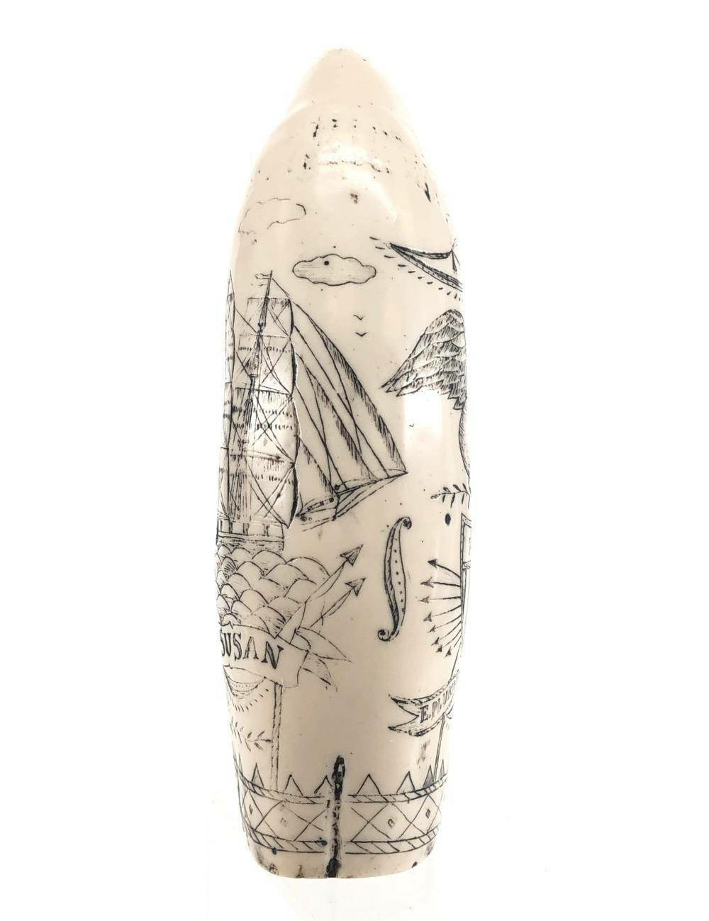 Resin Whales Tooth, Ship Susan Voyager Trade Ship Reproduction Scrimshaw