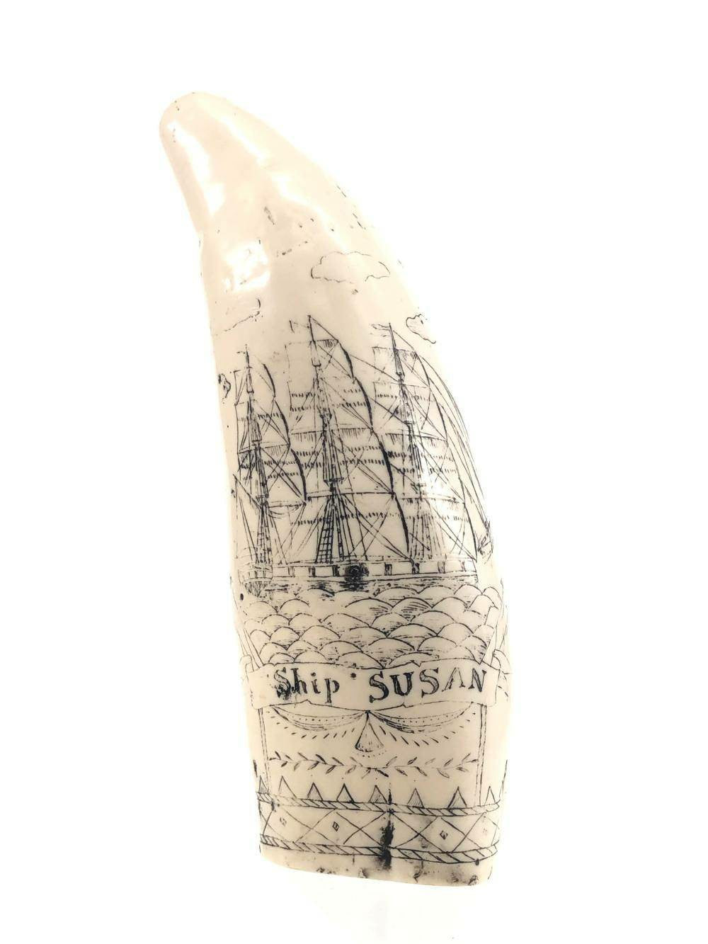 Resin Whales Tooth, Ship Susan Voyager Trade Ship Reproduction Scrimshaw