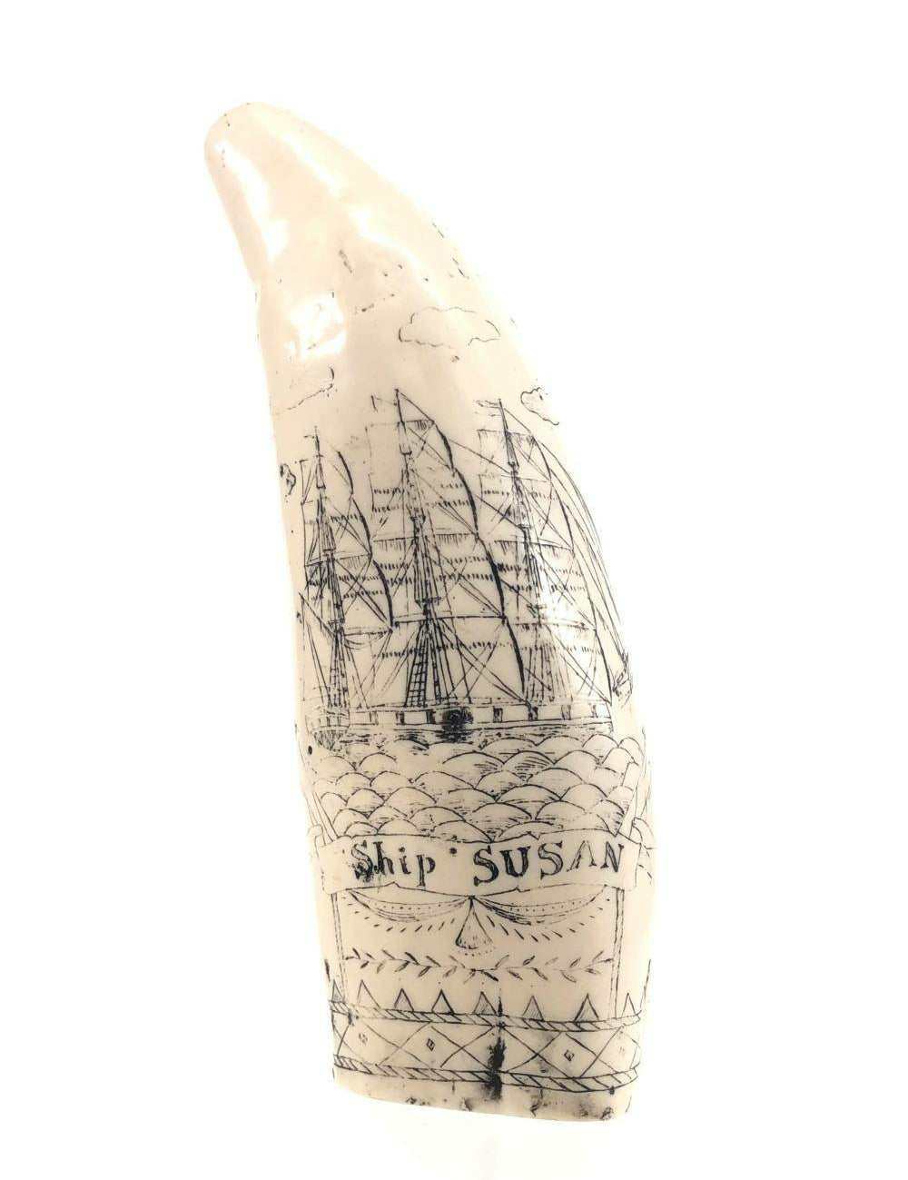 Resin Whales Tooth, Ship Susan Voyager Trade Ship Reproduction Scrimshaw