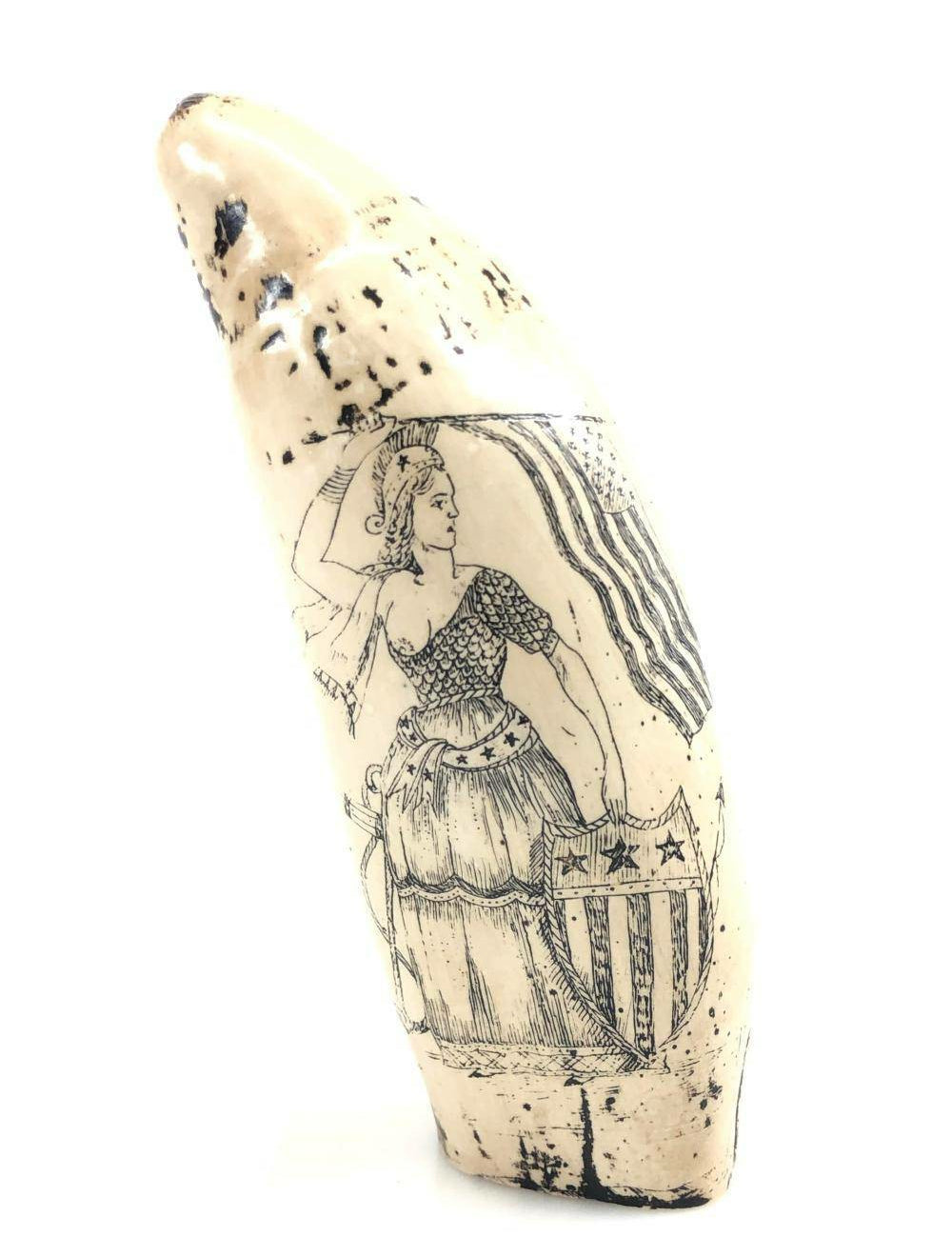 Reproduction Scrimshaw Resin Whale Tooth, Sailing Ship & Female Patriot