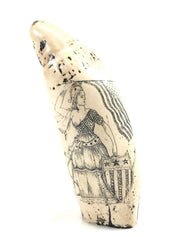 Reproduction Scrimshaw Resin Whale Tooth, Sailing Ship & Female Patriot