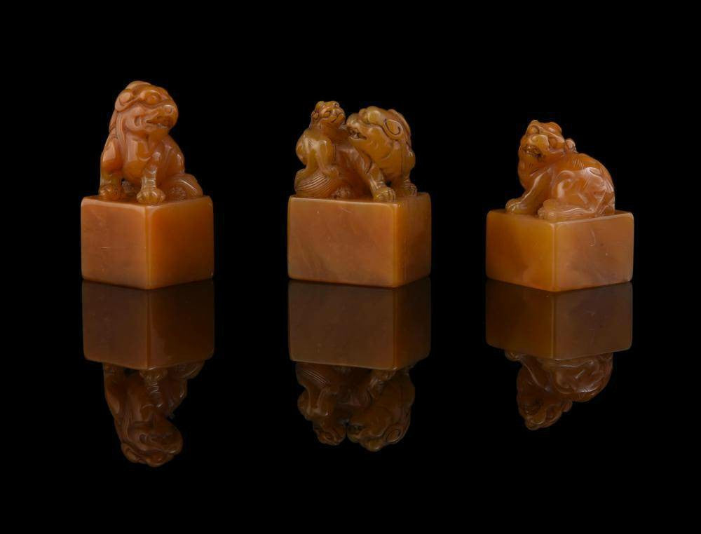 Set of Three Chinese Yellow Soapstone Seals