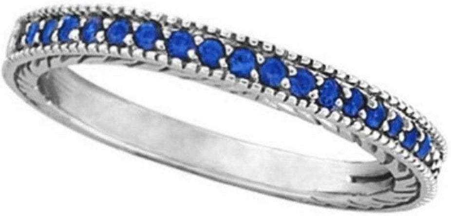 Blue Sapphire Stackable Ring with Milgrain Edges in 14K White Gold