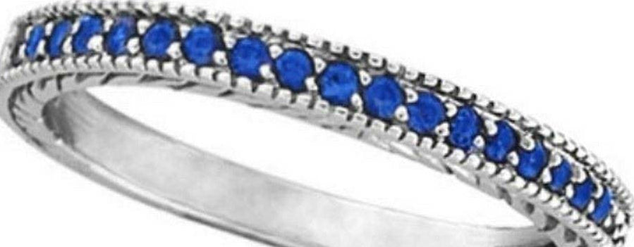 Blue Sapphire Stackable Ring with Milgrain Edges in 14K White Gold