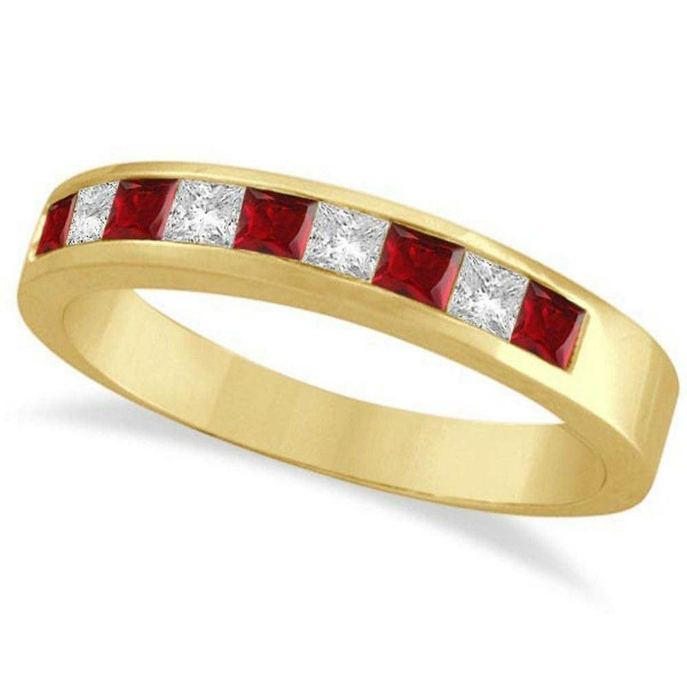 Princess-Cut Channel-Set Diamond and Ruby Ring Band in 14K Yellow Gold