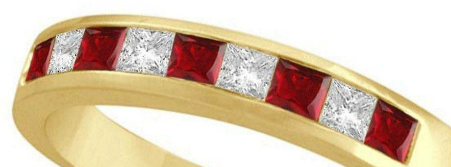 Princess-Cut Channel-Set Diamond and Ruby Ring Band in 14K Yellow Gold