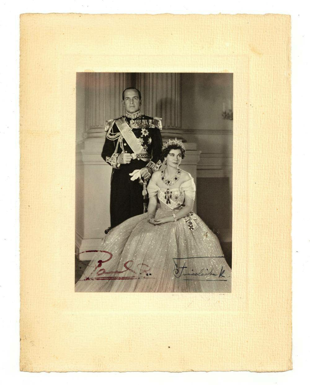 Official Portrait Signed by Paul I, King of Greece, and Queen Frederica of Hanover