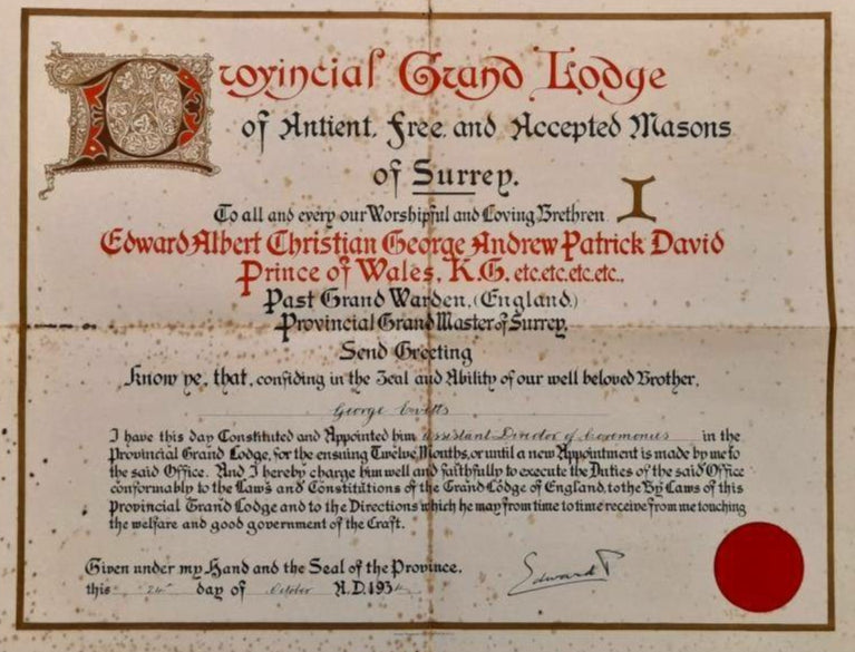 Edward VIII Freemasonry Appointment Document