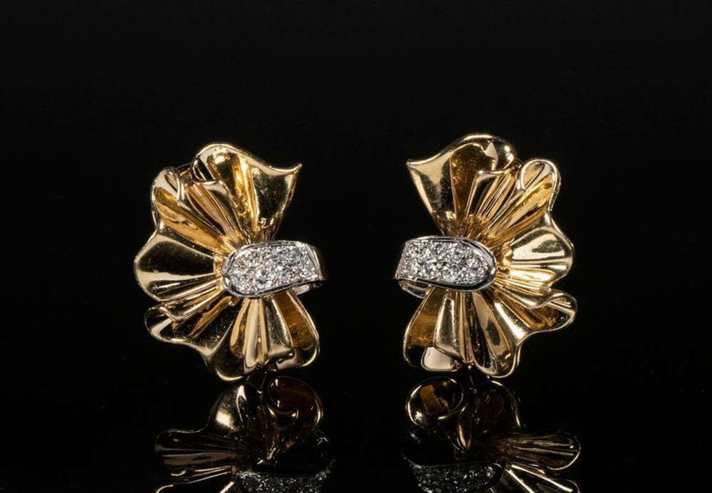 Pair of 14K Two-Tone Gold Earrings with Diamonds