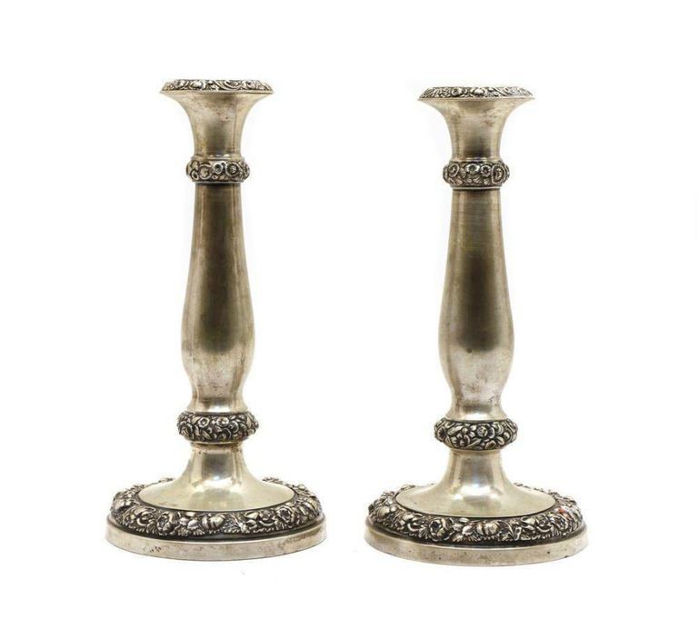 Austrian Silver Candlesticks Pair (1846) - Repousse Decor, Viennese Marks, 9.8"