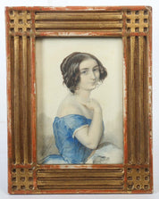 19th-century, A young woman in a blue dress - Mixed Media on Paper