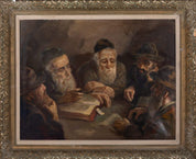 Large Gilt Framed Judaica Oil Painting 'Rabbis Studying The Torah' Signed