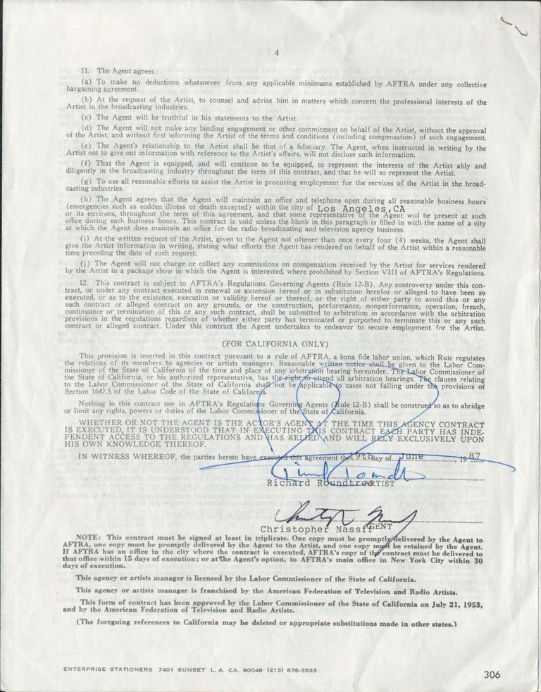 Richard Roundtree – Signed 1987 Contract with American Federation of Television and Radio Artists (AFTRA)